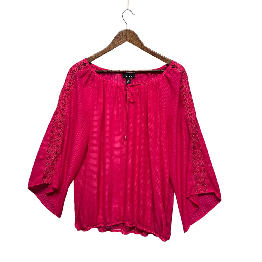 Women's Size XL Sheer Tunic‎ Top Boho Lace Flare Sleeve Fairy Pink Peasant Prair